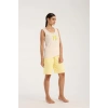 Moda Kadın Beyaz Kurdele Detaylı Sarı Çizgili Şortlu Pijama Takımı