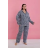 Moda Kadın Büyük Beden Mavi Leopar Desenli Düğmeli Pijama Takımı