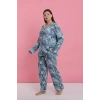 Moda Kadın Büyük Beden Mavi Tropikal Desenli Düğmeli Pijama Takımı