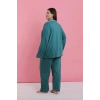 Moda Kadın Büyük Beden Petrol Rengi Düğmeli Pijama Takımı