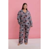 Moda Kadın Büyük Beden Somon Yaprak Desenli Düğmeli Pijama Takımı