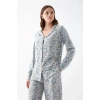 Moda Kadın Gri Desenli Düğmeli Pamuklu Pijama Takımı