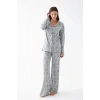 Moda Kadın Gri Desenli Düğmeli Pamuklu Pijama Takımı