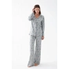 Moda Kadın Gri Desenli Düğmeli Pamuklu Pijama Takımı