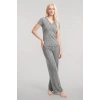 Moda Kadın Gri Melanj Yumuşak Dokulu Minimal V Yaka Üst Basic Günlük Şık Bluz