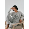 Moda Kadın Gri Terazi Burcu Oversize 2 İplik Eşofman Ev Giyim Takımı