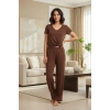 Moda Kadın Kahve Yumuşak Dokulu Minimal V Yaka Üst Basic Günlük Şık Bluz