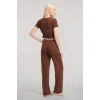 Moda Kadın Kahve Yumuşak Dokulu Minimal V Yaka Üst Basic Günlük Şık Bluz