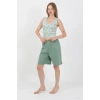 Moda Kadın Kalın Askılı Pamuk Penye Şortlu Crop Takım SuYeşili