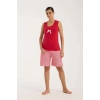 Moda Kadın Kırmızı Kurdele Detaylı Çizgili Şortlu Pijama Takımı