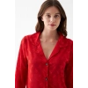Moda Kadın Kırmızı Şeffaf Jakar Düğmeli Pijama Takımı