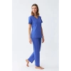 Moda Kadın Kısa Kol Pamuk Penye Pijama Takım Saks
