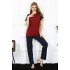 Moda Kadın Kolu Dantelli Penye Pijama Takım Bordo