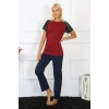 Moda Kadın Kolu Dantelli Penye Pijama Takım Bordo