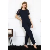 Moda Kadın Kolu Dantelli Penye Pijama Takım Lacivert