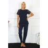 Moda Kadın Kolu Dantelli Penye Pijama Takım Lacivert