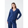 Moda Kadın Lacivert Düğmeli Yaka Detaylı Pamuklu Pijama Takımı