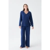 Moda Kadın Lacivert Düğmeli Yaka Detaylı Pamuklu Pijama Takımı