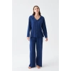 Moda Kadın Lacivert Düğmeli Yaka Detaylı Pamuklu Pijama Takımı