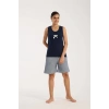 Moda Kadın Lacivert Kurdele Detaylı Çizgili Şortlu Pijama Takımı