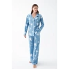 Moda Kadın Mavi Yıldız Desenli Düğmeli Pamuklu Pijama Takımı