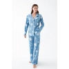 Moda Kadın Mavi Yıldız Desenli Düğmeli Pamuklu Pijama Takımı