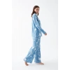 Moda Kadın Mavi Yıldız Desenli Düğmeli Pamuklu Pijama Takımı