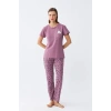 Moda Kadın Mor Patili Tavşan Baskılı Cepli Pijama Takımı