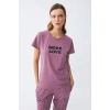 Moda Kadın Mor Yıldız Desenli Penye Kısa Kol Pijama Takımı
