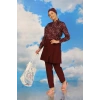 Moda Kadın Pantolonlu Desenli Tam Tesettür Mayo Bordo
