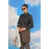 Moda Kadın Pantolonlu Desenli Tam Tesettür Mayo Füme