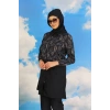 Moda Kadın Pantolonlu Desenli Tam Tesettür Mayo Lacivert