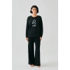 Moda Kadın Siyah Aslan Burcu Oversize 2 İplik Eşofman Ev Giyim Takımı