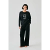 Moda Kadın Siyah Aslan Burcu Oversize 2 İplik Eşofman Ev Giyim Takımı