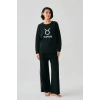 Moda Kadın Siyah Boğa Burcu Oversize 2 İplik Eşofman Ev Giyim Takımı