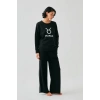 Moda Kadın Siyah Boğa Burcu Oversize 2 İplik Eşofman Ev Giyim Takımı