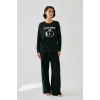 Moda Kadın Siyah Sleep Mode ON Oversize 2 İplik Eşofman Ev Giyim Takımı
