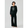 Moda Kadın Siyah Terazi Burcu Oversize 2 İplik Eşofman Ev Giyim Takımı