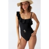 Moda Kadın Tek Omuz Fırfırlı Mayo Siyah
