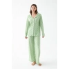 Moda Kadın Yeşil Kalp Desenli Düğmeli Pamuklu Pijama Takımı