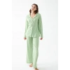 Moda Kadın Yeşil Kalp Desenli Düğmeli Pamuklu Pijama Takımı