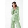 Moda Kadın Yeşil Kalp Desenli Düğmeli Pamuklu Pijama Takımı