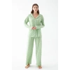 Moda Kadın Yeşil Kalp Desenli Düğmeli Pamuklu Pijama Takımı