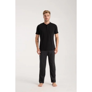 Moda Erkek Füme Düğmeli Yaka Kısa Kol Pijama Takımı