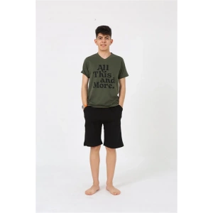 Moda Erkek Genç Garson Boy Kısa Kol Haki Penye Şortlu Pijama Takımı