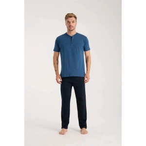 Moda Erkek İndigo Düğmeli Yaka Kısa Kol Pijama Takımı