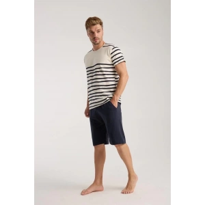 Moda Erkek Krem Sıfır Yaka Kısa Kol Şortlu Pijama Takımı