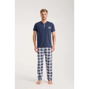 Moda Erkek Lacivert Düğmeli Yaka Kısa Kol Pijama Takımı