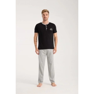 Moda Erkek Siyah Düğmeli Yaka Kısa Kol Pijama Takımı