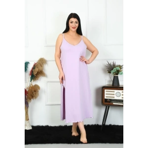 Moda Kadın Büyük Beden İp Askılı Pamuklu Lila Uzun Gecelik